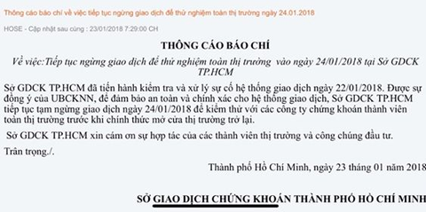 HoSE tiếp tục ngưng giao dịch phiên ngày mai, 24-1 - Ảnh 1. HoSE tiếp tục ngưng giao dịch phiên ngày mai, 24-1 - Ảnh 1.