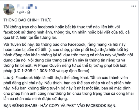 Lại rộ chuyện đăng ‘tuyên bố Facebook’ để bảo mật thông tin cá nhân - Ảnh 1. Lại rộ chuyện đăng ‘tuyên bố Facebook’ để bảo mật thông tin cá nhân - Ảnh 1.