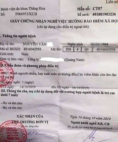 Nam thanh niên kinh nguyệt không đều, viêm âm đạo trên giấy chứng nhận nghỉ ốm - Ảnh 1. Nam thanh niên kinh nguyệt không đều, viêm âm đạo trên giấy chứng nhận nghỉ ốm - Ảnh 1.