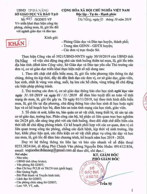 Văn bản khẩn Đà Nẵng cho học sinh nghỉ học do mưa bão là giả - Ảnh 1. Văn bản khẩn Đà Nẵng cho học sinh nghỉ học do mưa bão là giả - Ảnh 1.