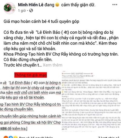 BV Chợ Rẫy: Không có bệnh nhi Lê Đình Bảo, đừng chuyển tiền cho trang Facebook lừa đảo - Ảnh 1. BV Chợ Rẫy: Không có bệnh nhi Lê Đình Bảo, đừng chuyển tiền cho trang Facebook lừa đảo - Ảnh 1.