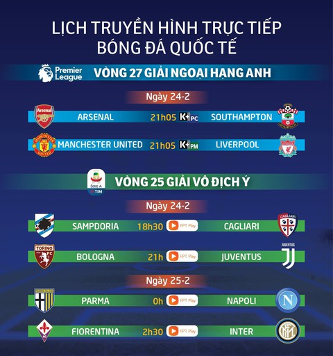 Lịch truyền hình bóng đá ngày 24-2: Rực lửa đại chiến M.U - Liverpool - Ảnh 1. Lịch truyền hình bóng đá ngày 24-2: Rực lửa đại chiến M.U - Liverpool - Ảnh 1.
