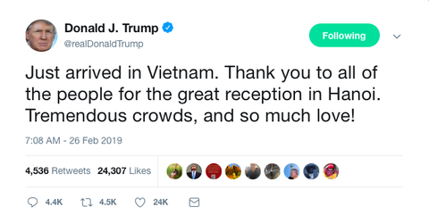 Tổng thống Trump viết tweet: Cảm ơn Việt Nam, đầy tình yêu - Ảnh 1. Tổng thống Trump viết tweet: Cảm ơn Việt Nam, đầy tình yêu - Ảnh 1.