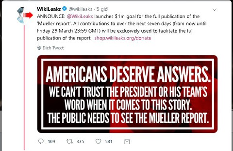 WikiLeaks kêu gọi góp 1 triệu USD ‘mua’ báo cáo điều tra Nga can thiệp bầu cử Mỹ - Ảnh 2. WikiLeaks kêu gọi góp 1 triệu USD ‘mua’ báo cáo điều tra Nga can thiệp bầu cử Mỹ - Ảnh 2.
