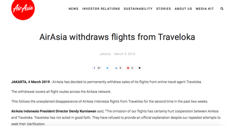 AirAsia ngưng hợp tác với kênh du lịch trực tuyến Traveloka - Ảnh 1. AirAsia ngưng hợp tác với kênh du lịch trực tuyến Traveloka - Ảnh 1.