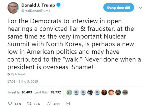 Ông Trump ám chỉ vụ điều trần Cohen ảnh hưởng thượng đỉnh Mỹ - Triều - Ảnh 2. Ông Trump ám chỉ vụ điều trần Cohen ảnh hưởng thượng đỉnh Mỹ - Triều - Ảnh 2.