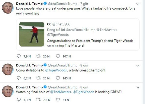 Tổng thống Mỹ Donald Trump chúc mừng và gọi Tiger Woods là nhà vô địch vĩ đại - Ảnh 1. Tổng thống Mỹ Donald Trump chúc mừng và gọi Tiger Woods là nhà vô địch vĩ đại - Ảnh 1.