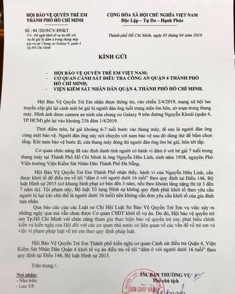 Hội bảo vệ trẻ em kiến nghị khởi tố vụ dâm ô bé gái trong thang máy - Ảnh 1. Hội bảo vệ trẻ em kiến nghị khởi tố vụ dâm ô bé gái trong thang máy - Ảnh 1.