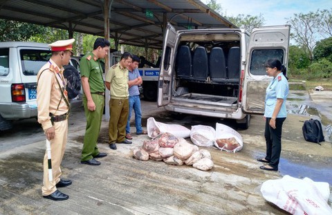 Bắt xe khách chở nửa tấn thịt heo, mỡ động vật bốc mùi hôi thối - Ảnh 1. Bắt xe khách chở nửa tấn thịt heo, mỡ động vật bốc mùi hôi thối - Ảnh 1.