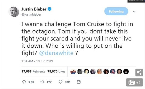 Justin Bieber thách Tom Cruise đấu võ tự do - Ảnh 2. Justin Bieber thách Tom Cruise đấu võ tự do - Ảnh 2.