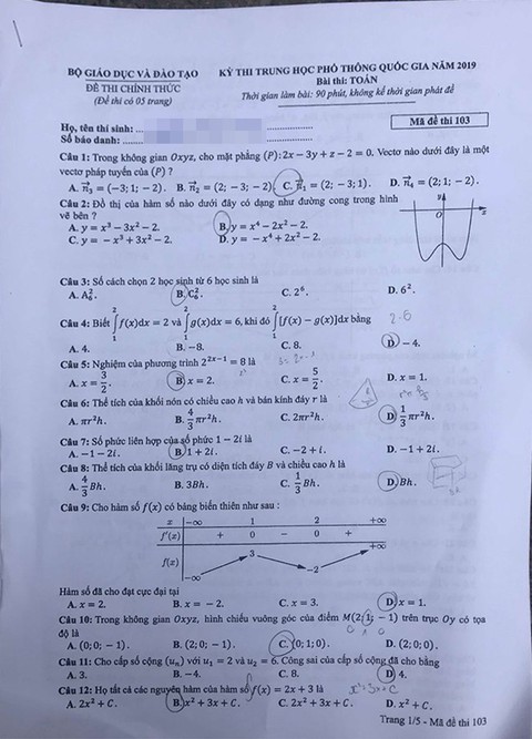 Mời bạn đọc xem đề toán THPT quốc gia 2019 - Ảnh 7. Mời bạn đọc xem đề toán THPT quốc gia 2019 - Ảnh 7.