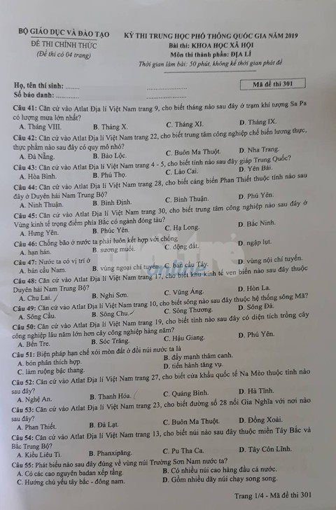 Mời bạn đọc xem đề địa lý THPT quốc gia 2019 - Ảnh 2. Mời bạn đọc xem đề địa lý THPT quốc gia 2019 - Ảnh 2.