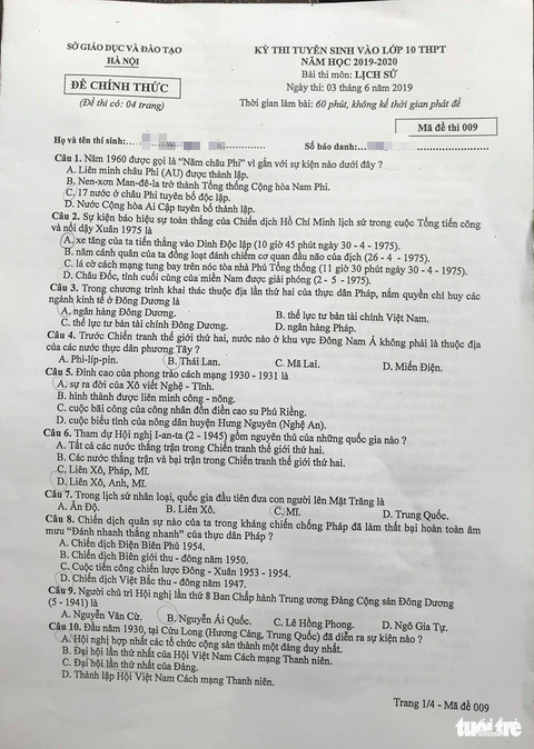 Đề lịch sử lớp 10 tại Hà Nội: có thể lấy điểm 9 - Ảnh 1. Đề lịch sử lớp 10 tại Hà Nội: có thể lấy điểm 9 - Ảnh 1.