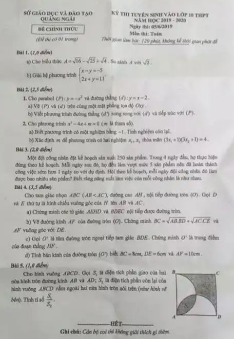 Đề toán lớp 10 ở Quảng Ngãi giống một đề thi thử - Ảnh 1. Đề toán lớp 10 ở Quảng Ngãi giống một đề thi thử - Ảnh 1.