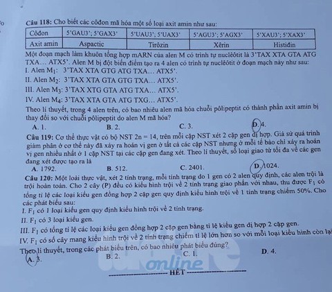 Đáp án môn sinh thi THPT quốc gia 2019 - Ảnh 8. Đáp án môn sinh thi THPT quốc gia 2019 - Ảnh 8.