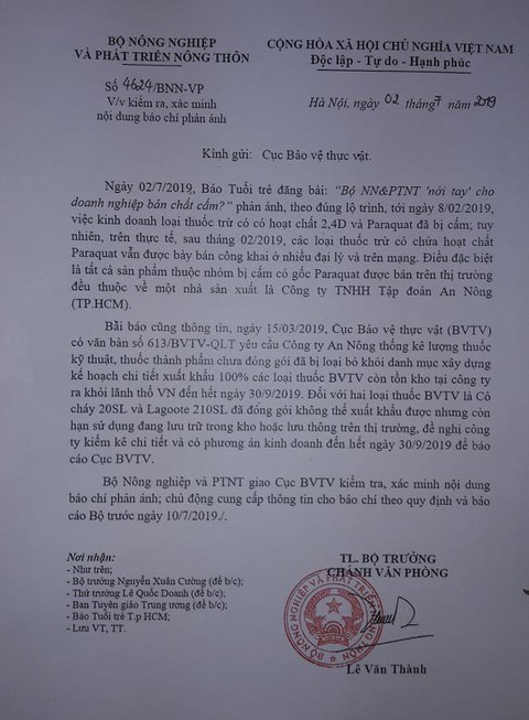 Bộ NN-PTNT chỉ đạo xác minh vụ nới tay cho DN bán chất cấm - Ảnh 2. Bộ NN-PTNT chỉ đạo xác minh vụ nới tay cho DN bán chất cấm - Ảnh 2.