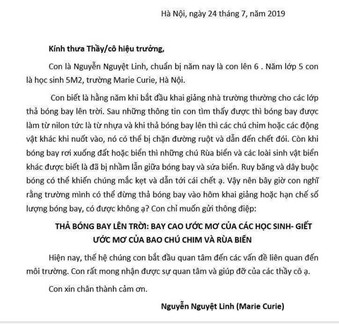 Cô bé lớp 6 gửi thư đề nghị không thả bóng bay trong lễ khai giảng - Ảnh 1. Cô bé lớp 6 gửi thư đề nghị không thả bóng bay trong lễ khai giảng - Ảnh 1.