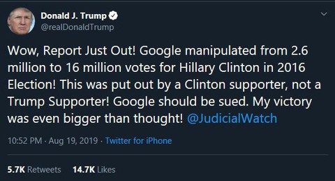 Ông Trump: ‘Google đã thao túng phiếu bầu vào năm 2016’ - Ảnh 2. Ông Trump: ‘Google đã thao túng phiếu bầu vào năm 2016’ - Ảnh 2.