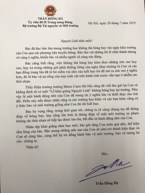 Bộ trưởng gửi thư cho bé Nguyệt Linh về thông điệp bóng bay - Ảnh 1. Bộ trưởng gửi thư cho bé Nguyệt Linh về thông điệp bóng bay - Ảnh 1.