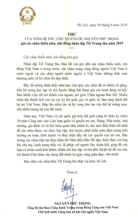 Tổng bí thư, Chủ tịch nước Nguyễn Phú Trọng gửi thư chúc Tết Trung thu cho thiếu nhi - Ảnh 2. Tổng bí thư, Chủ tịch nước Nguyễn Phú Trọng gửi thư chúc Tết Trung thu cho thiếu nhi - Ảnh 2.
