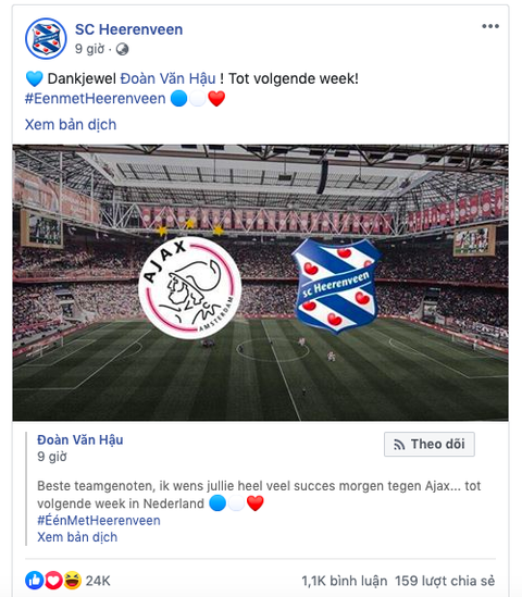 Đăng một tút hẹn gặp Văn Hậu, Heerenveen có ngay 24.000 like - Ảnh 1. Đăng một tút hẹn gặp Văn Hậu, Heerenveen có ngay 24.000 like - Ảnh 1.
