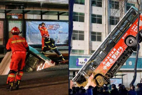 Xe buýt sụp hố tử thần: 6 người chết, 1.000 nhân viên cứu hộ tới hiện trường - Ảnh 1. Xe buýt sụp hố tử thần: 6 người chết, 1.000 nhân viên cứu hộ tới hiện trường - Ảnh 1.
