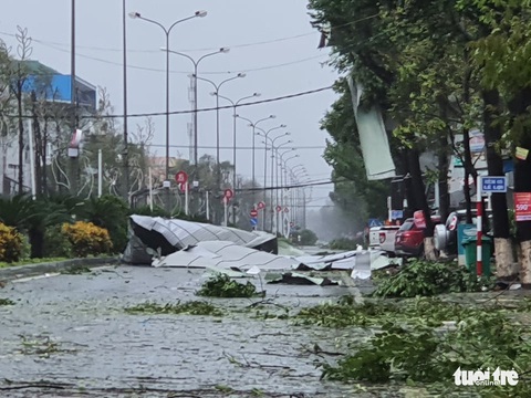 Bão vô Quảng Ngãi: Cổng chào bằng thép, cây xanh ngã đổ - Ảnh 1. Bão vô Quảng Ngãi: Cổng chào bằng thép, cây xanh ngã đổ - Ảnh 1.