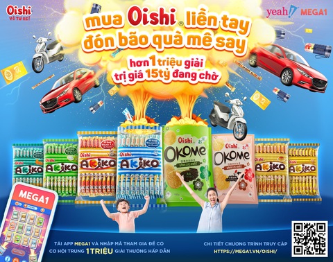 Oishi và Mega1 triển khai chương trình khuyến mãi trúng quà khủng mỗi ngày - Ảnh 1. Oishi và Mega1 triển khai chương trình khuyến mãi trúng quà khủng mỗi ngày - Ảnh 1.
