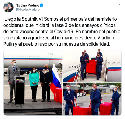 Tổng thống Venezuela khoe nhận được vắc xin của Nga để thử nghiệm - Ảnh 1. Tổng thống Venezuela khoe nhận được vắc xin của Nga để thử nghiệm - Ảnh 1.