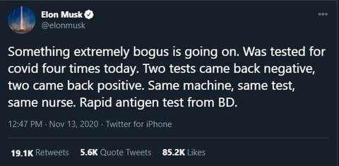 Elon Musk xét nghiệm COVID-19 4 lần cho kết quả: 2 dương tính, 2 âm tính - Ảnh 2. Elon Musk xét nghiệm COVID-19 4 lần cho kết quả: 2 dương tính, 2 âm tính - Ảnh 2.