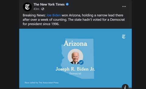 New York Times, CNN: ông Biden giành 11 phiếu đại cử tri ở Arizona - Ảnh 1. New York Times, CNN: ông Biden giành 11 phiếu đại cử tri ở Arizona - Ảnh 1.