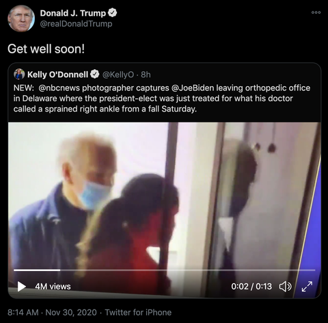Ông Trump chúc ông Biden sớm bình phục sau khi ngã rạn xương chân - Ảnh 2. Ông Trump chúc ông Biden sớm bình phục sau khi ngã rạn xương chân - Ảnh 2.