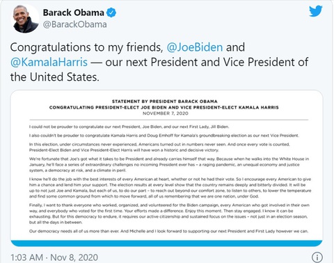 Cựu tổng thống Barack Obama và vợ Michelle Obama chúc mừng ông Biden - Ảnh 2. Cựu tổng thống Barack Obama và vợ Michelle Obama chúc mừng ông Biden - Ảnh 2.