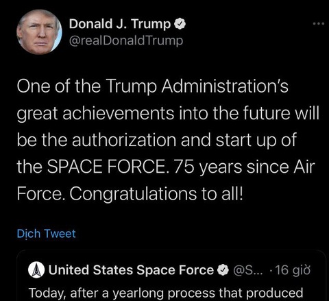 Ông Trump tự hào gọi việc thành lập Lực lượng Vũ trụ là thành tựu vĩ đại - Ảnh 1. Ông Trump tự hào gọi việc thành lập Lực lượng Vũ trụ là thành tựu vĩ đại - Ảnh 1.