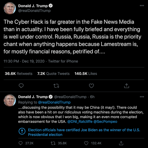 Ông Trump đặt nghi vấn Trung Quốc đứng sau tấn công mạng, không phải Nga - Ảnh 2. Ông Trump đặt nghi vấn Trung Quốc đứng sau tấn công mạng, không phải Nga - Ảnh 2.