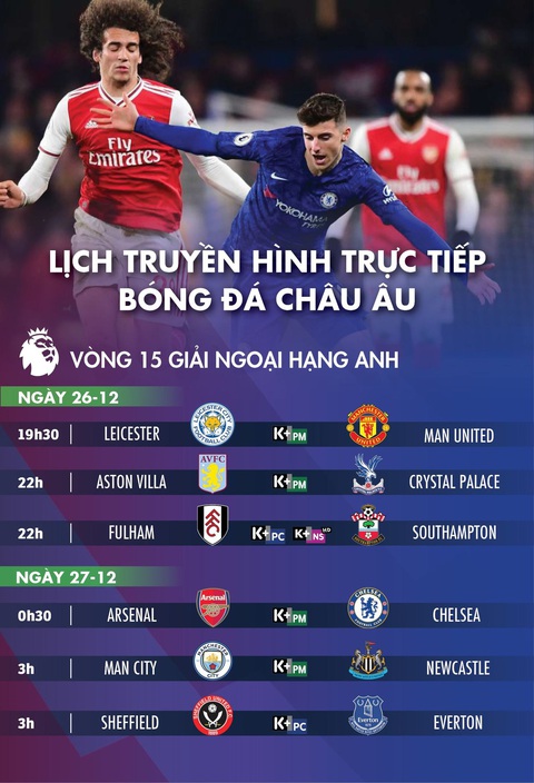 Lịch trực tiếp bóng đá châu Âu 26-12: Leicester - Man United, Arsenal- Chelsea - Ảnh 1. Lịch trực tiếp bóng đá châu Âu 26-12: Leicester - Man United, Arsenal- Chelsea - Ảnh 1.
