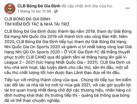 Vừa thăng hạng, CLB Gia Định xin rút lui khỏi giải hạng nhất 2021 - Ảnh 2. Vừa thăng hạng, CLB Gia Định xin rút lui khỏi giải hạng nhất 2021 - Ảnh 2.
