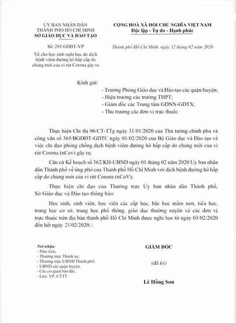 Văn bản TP.HCM cho học sinh nghỉ học tiếp đến hết ngày 21-2 thật hay giả? - Ảnh 1. Văn bản TP.HCM cho học sinh nghỉ học tiếp đến hết ngày 21-2 thật hay giả? - Ảnh 1.