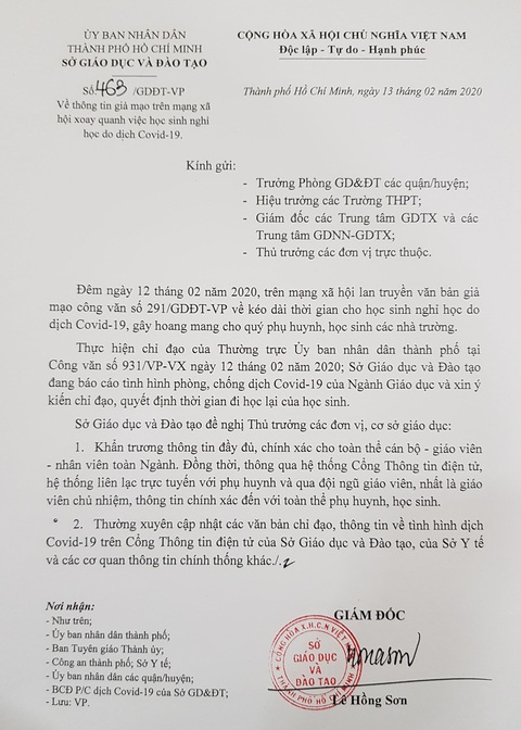 Văn bản TP.HCM cho học sinh nghỉ học tiếp đến hết ngày 21-2 thật hay giả? - Ảnh 3. Văn bản TP.HCM cho học sinh nghỉ học tiếp đến hết ngày 21-2 thật hay giả? - Ảnh 3.