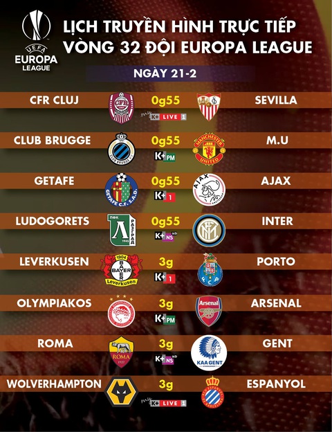 Lịch trực tiếp Europa League ngày 21-2: Tâm điểm Man United, Arsenal - Ảnh 1. Lịch trực tiếp Europa League ngày 21-2: Tâm điểm Man United, Arsenal - Ảnh 1.