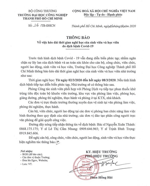 3 trường đại học tại TP.HCM tiếp tục cho sinh viên nghỉ học đến hết 8-3 - Ảnh 1. 3 trường đại học tại TP.HCM tiếp tục cho sinh viên nghỉ học đến hết 8-3 - Ảnh 1.
