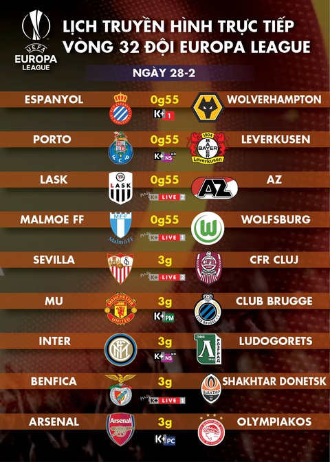 Lịch trực tiếp lượt về vòng 32 đội Europa League rạng sáng 28-2 - Ảnh 1. Lịch trực tiếp lượt về vòng 32 đội Europa League rạng sáng 28-2 - Ảnh 1.