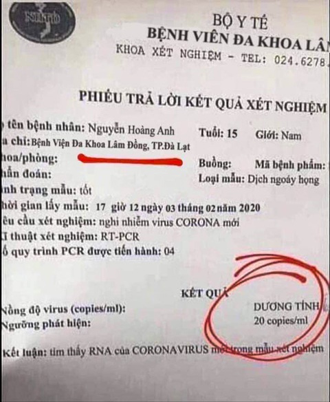 Xác minh người làm giả phiếu xét nghiệm dương tính virus corona tung lên mạng câu view - Ảnh 1. Xác minh người làm giả phiếu xét nghiệm dương tính virus corona tung lên mạng câu view - Ảnh 1.