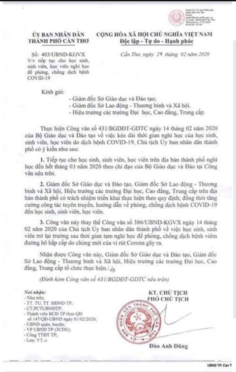 Văn bản cho học sinh, sinh viên Cần Thơ nghỉ hết tháng 3 là giả mạo - Ảnh 1. Văn bản cho học sinh, sinh viên Cần Thơ nghỉ hết tháng 3 là giả mạo - Ảnh 1.
