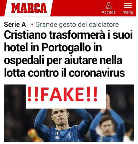 Ronaldo hiến khách sạn làm bệnh viện chữa COVID-19 là tin giả? - Ảnh 1. Ronaldo hiến khách sạn làm bệnh viện chữa COVID-19 là tin giả? - Ảnh 1.