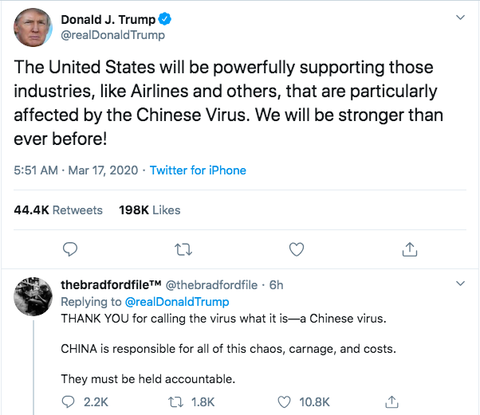 Ông Trump gọi virus Trung Quốc, báo Trung Quốc phản bác ngay - Ảnh 2. Ông Trump gọi virus Trung Quốc, báo Trung Quốc phản bác ngay - Ảnh 2.