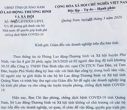 Giả danh cán bộ Sở Lao động kêu gọi hỗ trợ kinh phí phòng chống dịch COVID-19 - Ảnh 1. Giả danh cán bộ Sở Lao động kêu gọi hỗ trợ kinh phí phòng chống dịch COVID-19 - Ảnh 1.