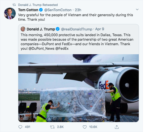 Tổng thống Trump dẫn lời thượng nghị sĩ Tom Cotton: Rất biết ơn sự hào hiệp của người Việt Nam - Ảnh 2. Tổng thống Trump dẫn lời thượng nghị sĩ Tom Cotton: Rất biết ơn sự hào hiệp của người Việt Nam - Ảnh 2.