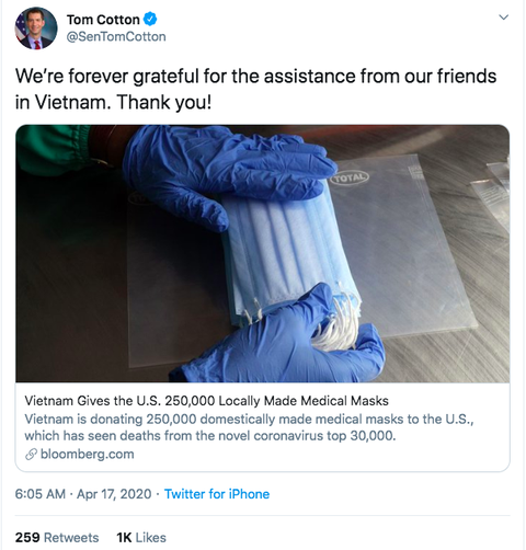 Thượng nghị sĩ Tom Cotton: Mãi biết ơn sự giúp đỡ từ những người bạn ở Việt Nam - Ảnh 1. Thượng nghị sĩ Tom Cotton: Mãi biết ơn sự giúp đỡ từ những người bạn ở Việt Nam - Ảnh 1.