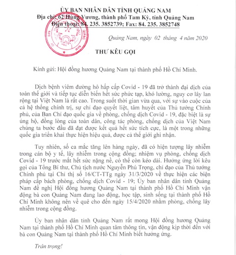 Chủ tịch tỉnh Quảng Nam viết thư kêu gọi đồng hương đừng về lúc này - Ảnh 1. Chủ tịch tỉnh Quảng Nam viết thư kêu gọi đồng hương đừng về lúc này - Ảnh 1.